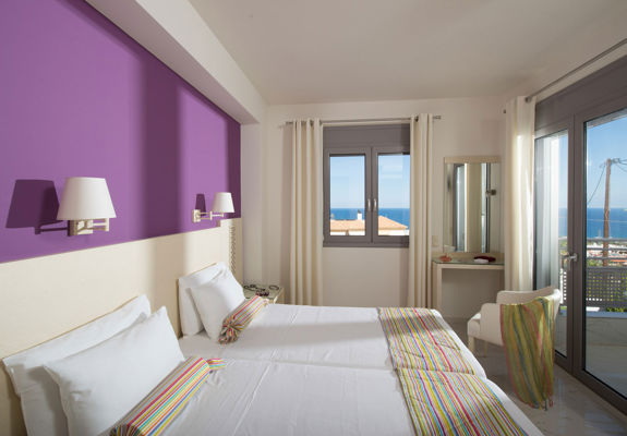 Danae Villas Hersonissos Crete Blue Villa twin bedroom with balcony view