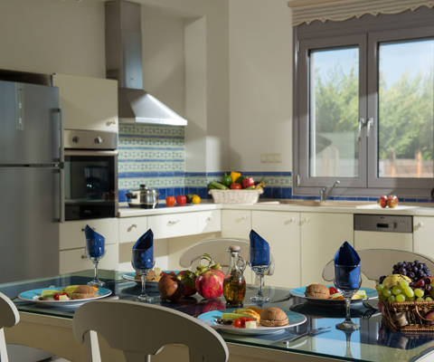 Danae Villas Hersonissos Crete Blue Villa kitchen and table full of breakfast