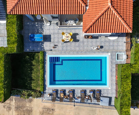 Danae Villas Hersonissos Crete Yellow Villa top-down view of the pool
