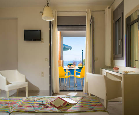 Danae Villas Hersonissos Crete Yellow Villa twin bedroom terrace view