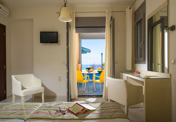 Danae Villas Hersonissos Crete Yellow Villa twin bedroom terrace view