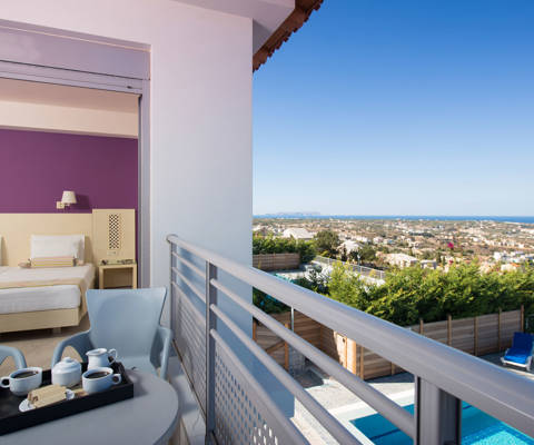 Danae Villas Hersonissos Crete Blue Villa twin bedroom view from the balcony
