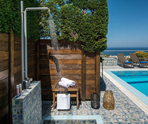 Danae Villas Hersonissos Crete Yellow Villa outdoor pool shower