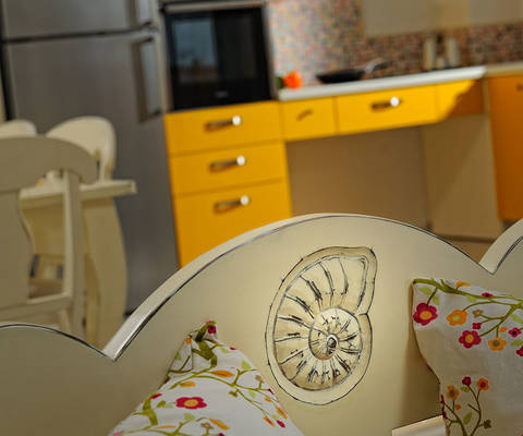 Danae Villas Hersonissos Crete Yellow Villa living room sofa detail