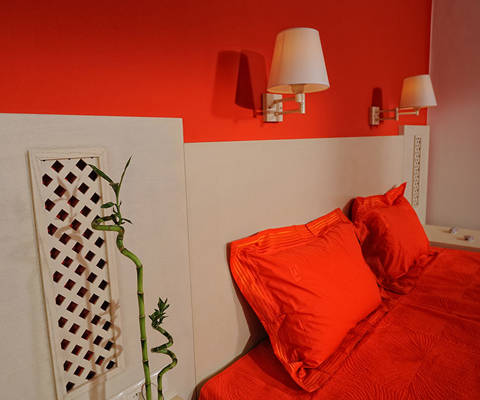 Danae Villas Hersonissos Crete Red Villa double bed and decoration
