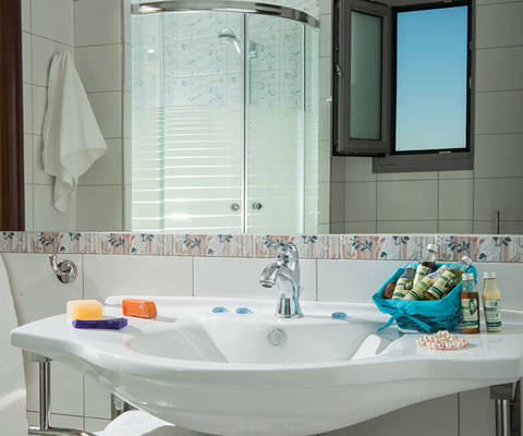 Danae Villas Hersonissos Crete Blue Villa washbasin and amenities